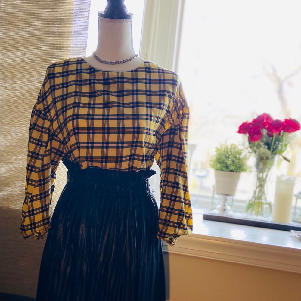 Zara Plaid Three-Quarter Sleeve Top